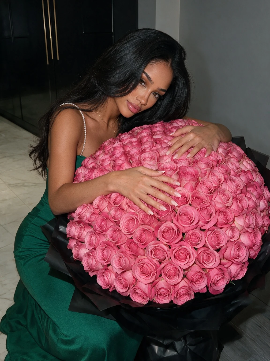 Melodye in abito verde con un grande bouquet di rose rosa